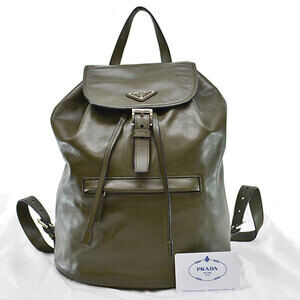 Prada backpack triangle logo Khaki Green brown leather classic favorite
